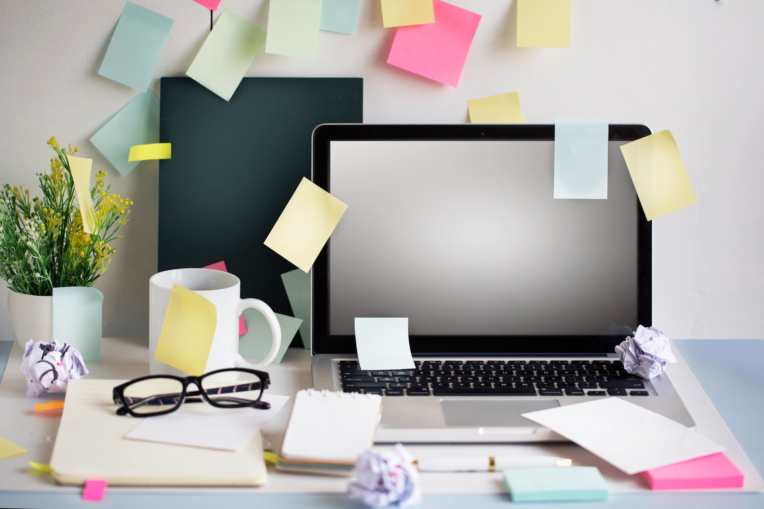 Desk with notes and writing materials for analysis